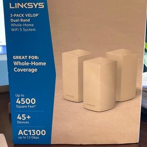 Linksys 3-pack Velop Dual-band whole house WiFi 5 system.